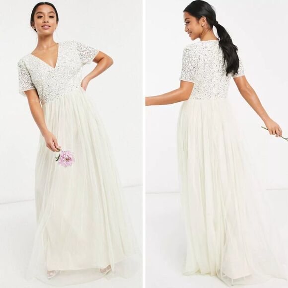 NEW Maya Deluxe Maya Bridal v neck maxi tulle dress with tonal delicate sequin 6 - Picture 2 of 16